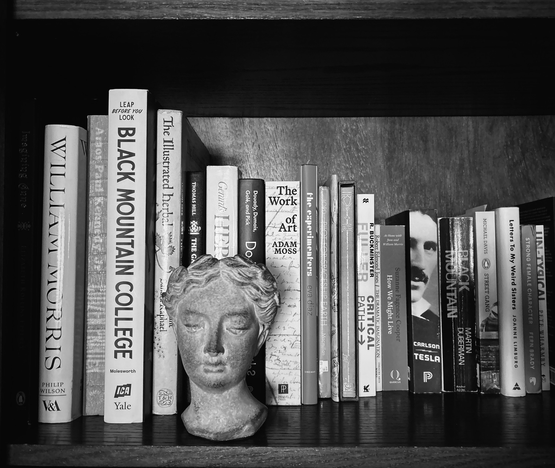 Black and white photograph of my bookshelf. Titles that stand out are William Morris, Black Mountain College, The Work of Art, and Tesla. There is also a sculptural vase of a head with wavy hair and gentle features.